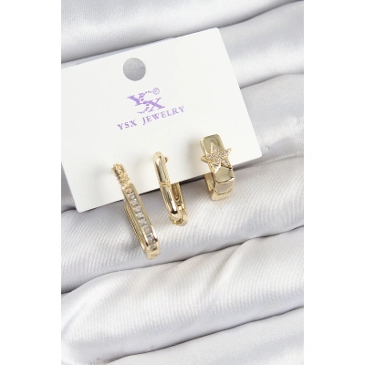 Pirinç Zİrkon Taşlı Yıldız Model Gold Renk 3lü Kadın Küpe - Lisinya