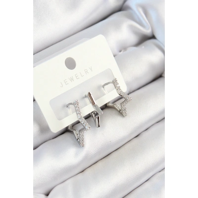 Pirinç Zirkon Taşlı Yıldız Model Gümüş Renk 3lü Çift Kadın Küpe Set - Lisinya