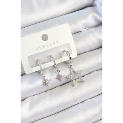 Pirinç Zirkon Taşlı Yıldız Model Gümüş Renk 3lü Çift Kadın Küpe Set - Lisinya