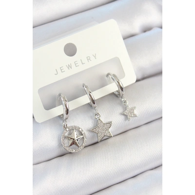 Pirinç Zirkon Taşlı Yıldız Model Gümüş Renk 3lü Çift Kadın Küpe Set - Lisinya