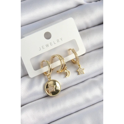 Pirinç Zirkon Taşlı Yıldız Ve Ay Model Gold Renk 3lü Çift Kadın Küpe Set - Lisinya