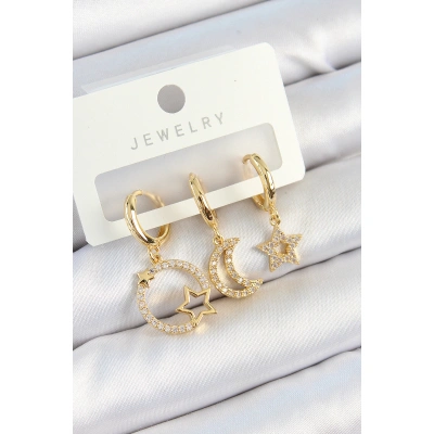 Pirinç Zirkon Taşlı Yıldız Ve Ay Model Gold Renk 3lü Çift Kadın Küpe Set - Lisinya