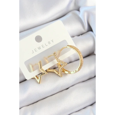 Pirinç Zirkon Taşlı Yıldız Ve Halka Model Gold Renk 3lü Çift Kadın Küpe Set - Lisinya