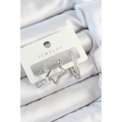 Pirinç Zirkon Taşlı Yıldız Ve Halka Model Gümüş Renk 3lü Çift Kadın Küpe Set - Lisinya