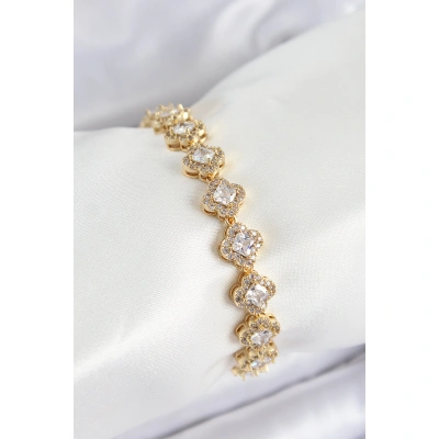 Pirinç Zirkon Taşlı Yonca Baget Model Gold Renk VIP Seri Kadın Bileklik - Lisinya