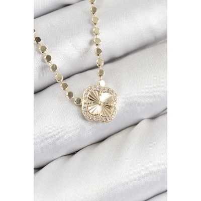 Pirinç Zirkon Taşlı Yonca Model Ezme Zincir Gold Renk Kadın Kolye - Lisinya