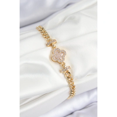 Pirinç Zirkon Taşlı Yonca Model Gold Renk Kadın Bileklik - Lisinya