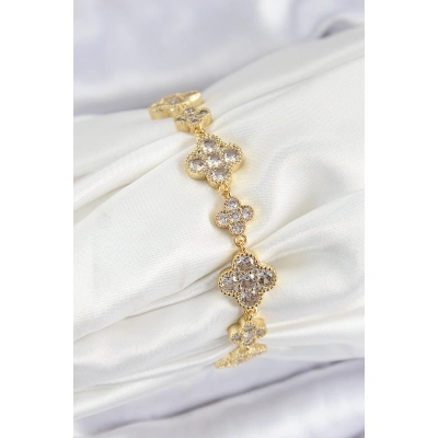 Pirinç Zirkon Taşlı Yonca Model Gold Renk VIP Seri Kadın Bileklik - Lisinya