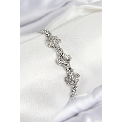 Pirinç Zirkon Taşlı Yonca Model Gümüş Renk Kadın Bileklik - Lisinya