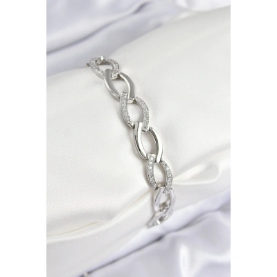 Pirinç Zirkon Taşlı Zincir Model Gümüş Renk Kadın Bileklik - Lisinya