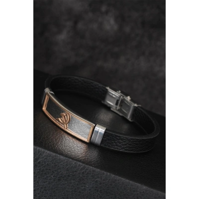 Rose Renk Orak Figürlü Metal Aksesuarlı Siyah Renk Deri Erkek Bileklik - Lisinya