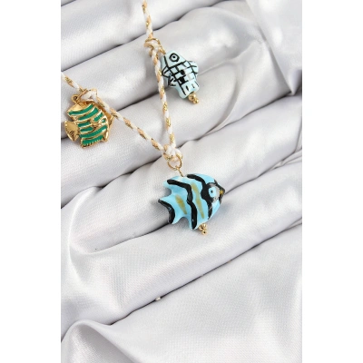 Seramik Motifli Balık Figürlü Model Krem İp Kadın Kolye - Lisinya