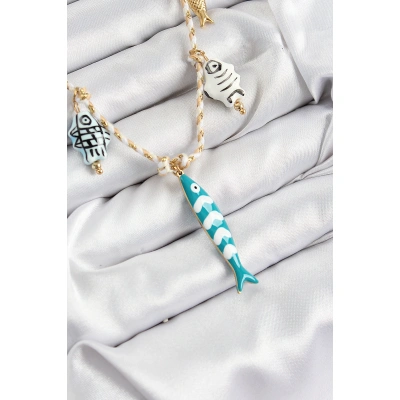 Seramik Motifli Balık Figürlü Model Krem İp Kadın Kolye - Lisinya