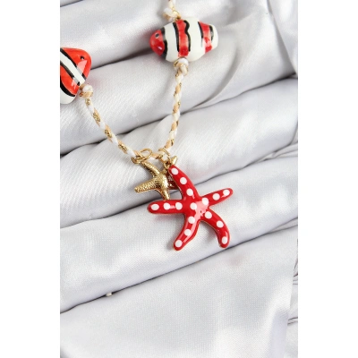 Seramik Motifli Deniz Yıldzı Figürlü Model Krem İp Kadın Kolye - Lisinya