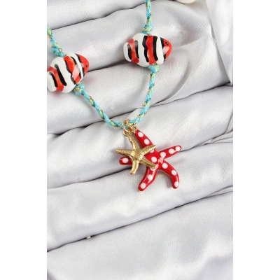 Seramik Motifli Deniz Yıldzı Figürlü Model Mavi İp Kadın Kolye - Lisinya