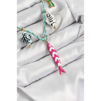 Seramik Motifli Pembe Balık Figürlü Model Mavi İp Kadın Kolye - Lisinya