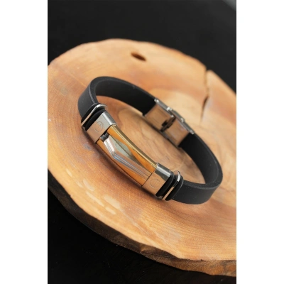 Silver Gold Renk Metal Aksesuarlı Siyah Renk Deri Erkek Bileklik - Lisinya