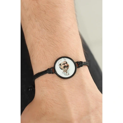 Siyah Renk Deri Ayarlamlı İpli Erdal Bakkal Erkek Bileklik - Lisinya