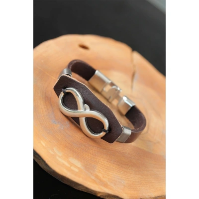 Sonsuzluklu Metal Aksesuarlı Kahverengi Deri Erkek Bileklik - Lisinya