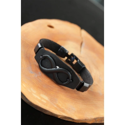 Sonsuzluklu Metal Aksesuarlı Siyah Deri Erkek Bileklik - Lisinya