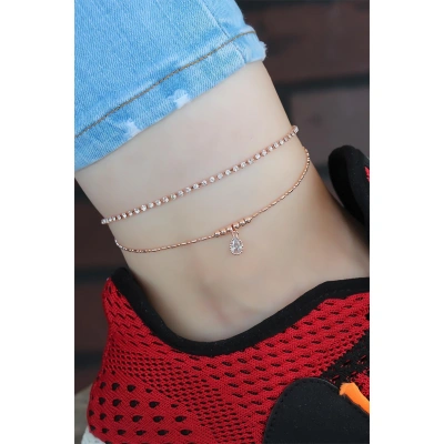 Zirkon Taşlı Rose Renk Kaplama Çift Zincirli Hal Hal - Lisinya