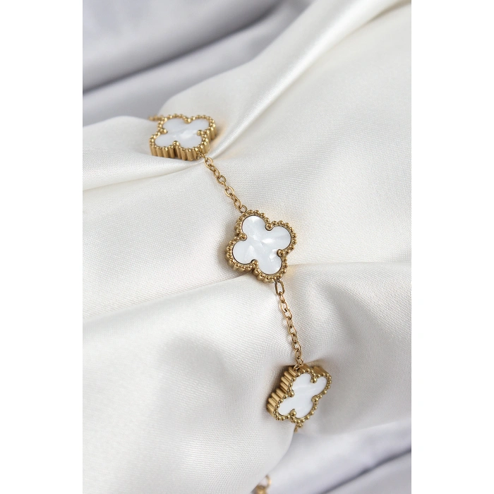 316L Çelik Beyaz Sedef Yonca Model Gold Renk Kadın Bileklik - Lisinya