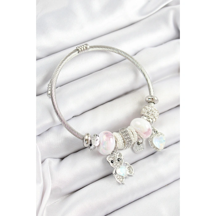 316L Çelik Beyaz Zirkon Taşlı Ayıcık Ve Kalp Model Gümüş Renk Charm Bileklik - Lisinya