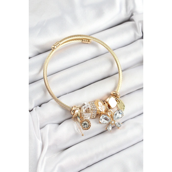 316L Çelik Beyaz Zirkon Taşlı Kelebek Model Gold Renk Charm Bileklik - Lisinya