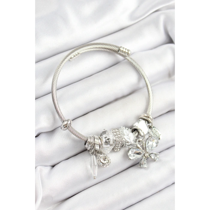 316L Çelik Beyaz Zirkon Taşlı Kelebek Model Gümüş Renk Charm Bileklik - Lisinya