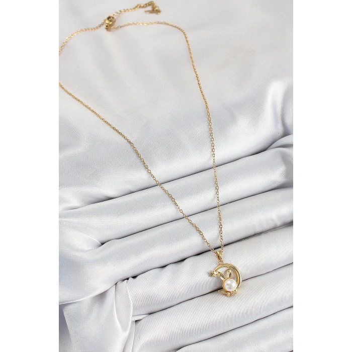 316L Çelik İnci Detaylı Hilal Tavşan Model Gold Renk Kadın Kolye - Lisinya