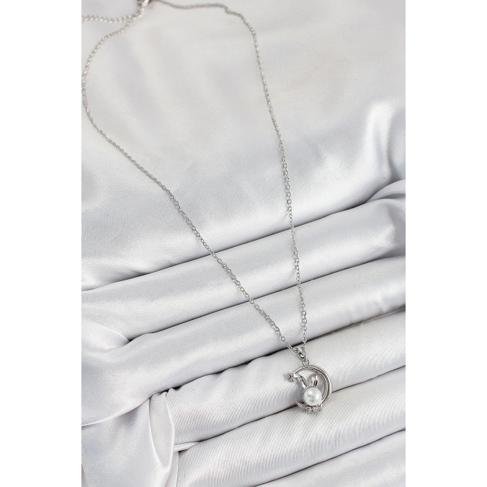 316L Çelik İnci Detaylı Hilal Tavşan Model Gümüş Renk Kadın Kolye - Lisinya