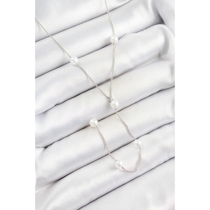 Pirinç İnci Figürlü Y Model Gümüş Renk Kadın Kolye - Lisinya