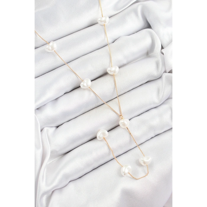 Pirinç İncili Kalp Figürlü Y Model Gold Renk Kadın Kolye - Lisinya