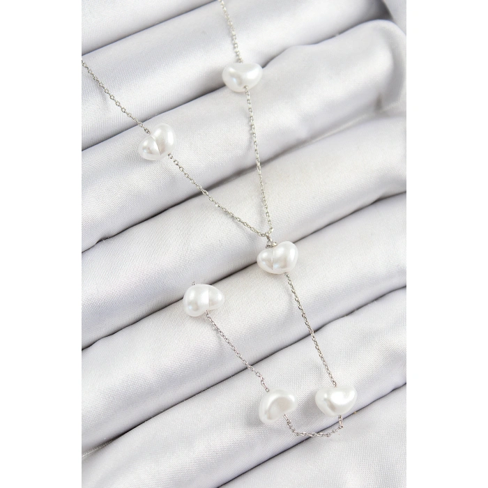 Pirinç İncili Kalp Figürlü Y Model Gümüş Renk Kadın Kolye - Lisinya