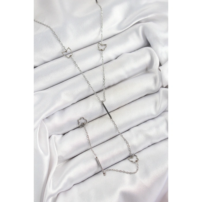 316L Çelik Kelebek Figürlü Y Model Gümüş Renk Kadın Kolye - Lisinya