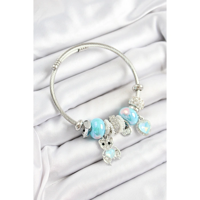 316L Çelik Mavi Zirkon Taşlı Ayıcık Ve Kalp Model Gümüş Renk Charm Bileklik - Lisinya