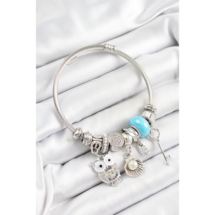 316L Çelik Mavi Zirkon Taşlı Baykuş İstiridye Ve Anahtar Model Gümüş Renk Charm Bileklik - Lisinya