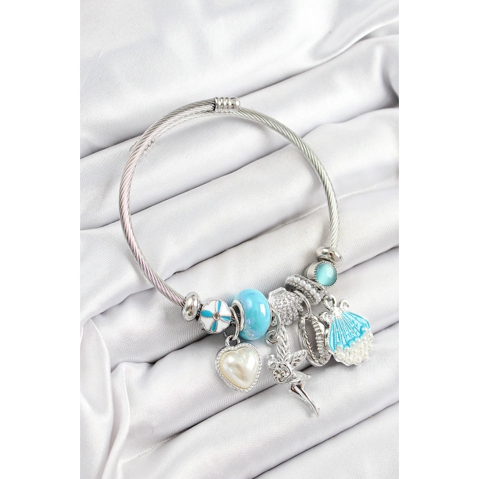 316L Çelik Mavi Zirkon Taşlı Yıldız Melek İstiridye Ve Kalp Model Gümüş Renk Charm Bileklik - Lisinya