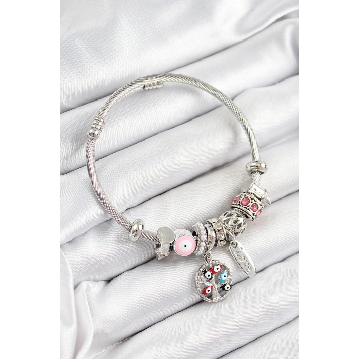 316L Çelik Pembe Nazarlı Zirkon Taşlı İnci Detaylı Hayat Ağacı Model Gümüş Renk Charm Bileklik - Lisinya