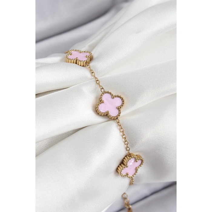 316L Çelik Pembe Sedef Yonca Model Gold Renk Kadın Bileklik - Lisinya