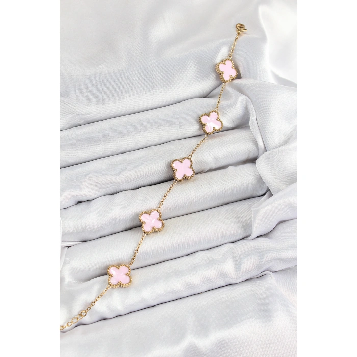 316L Çelik Pembe Sedef Yonca Model Gold Renk Kadın Bileklik - Lisinya