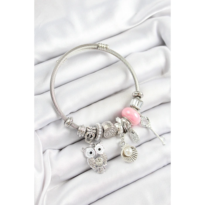 316L Çelik Pembe Zirkon Taşlı Baykuş İstiridye Ve Anahtar Model Gümüş Renk Charm Bileklik - Lisinya