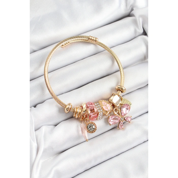 316L Çelik Pembe Zirkon Taşlı Kelebek Model Gold Renk Charm Bileklik - Lisinya