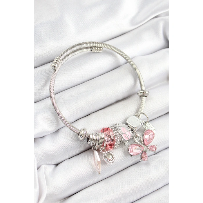 316L Çelik Pembe Zirkon Taşlı Kelebek Model Gümüş Renk Charm Bileklik - Lisinya