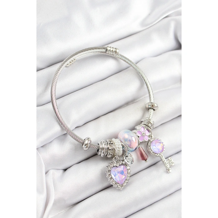 316L Çelik Pembe Zirkon Taşlı Yıldız Anahtar Ve Kalp Model Gümüş Renk Charm Bileklik - Lisinya