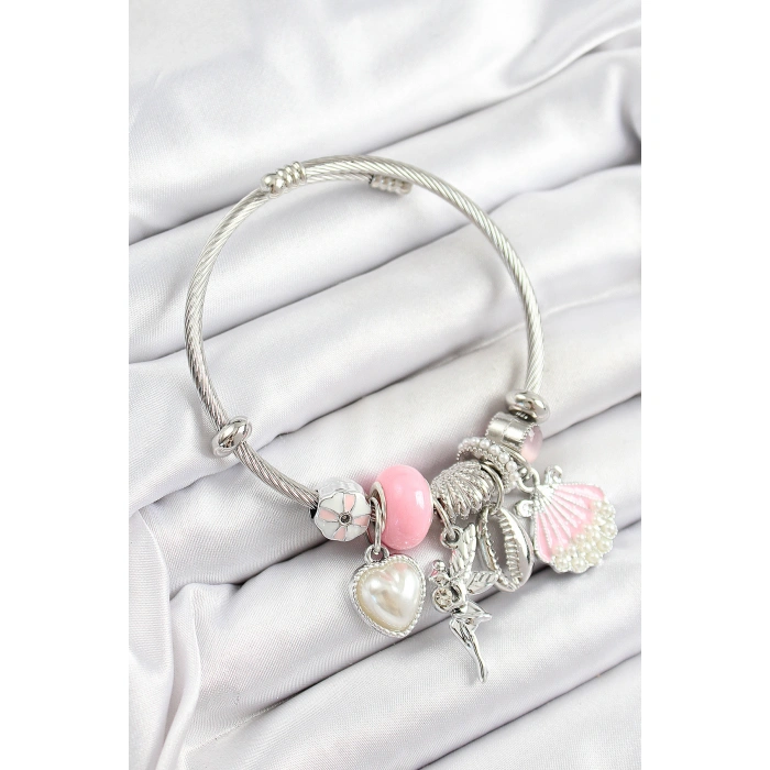 316L Çelik Pembe Zirkon Taşlı Yıldız Melek İstiridye Ve Kalp Model Gümüş Renk Charm Bileklik - Lisinya