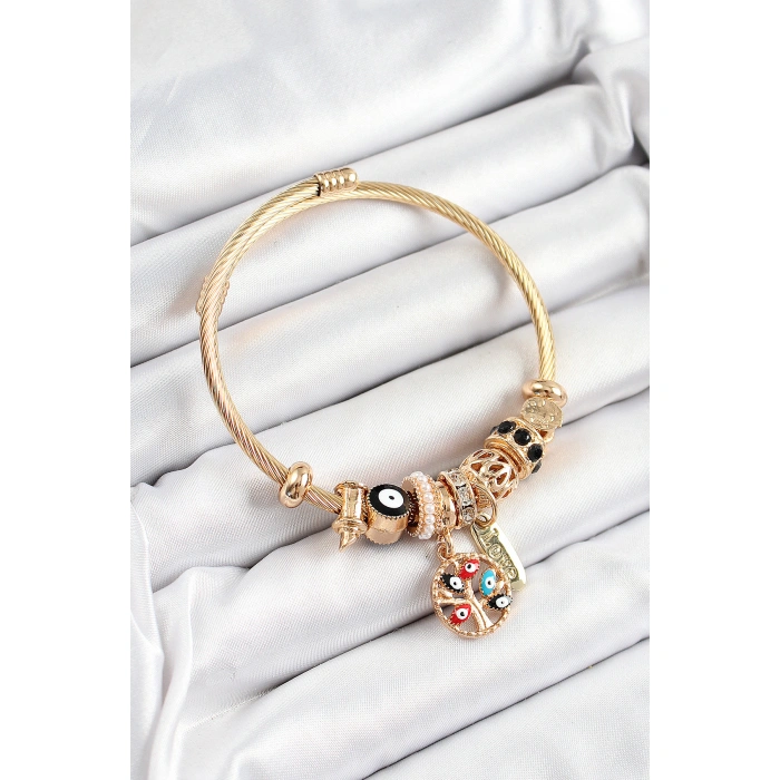 316L Çelik Siyah Nazarlı Zirkon Taşlı İnci Detaylı Hayat Ağacı Model Gold Renk Charm Bileklik - Lisinya