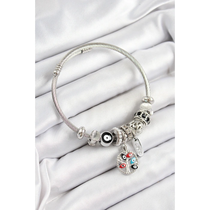 316L Çelik Siyah Nazarlı Zirkon Taşlı İnci Detaylı Hayat Ağacı Model Gümüş Renk Charm Bileklik - Lisinya