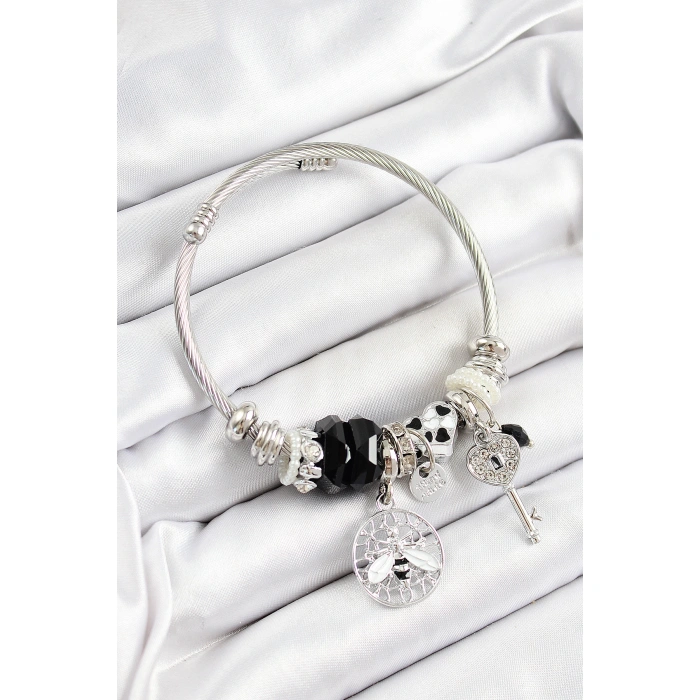 316L Çelik Siyah Zirkon Taşlı Baykuş Arı Ve Anahtar Model Gümüş Renk Charm Bileklik - Lisinya