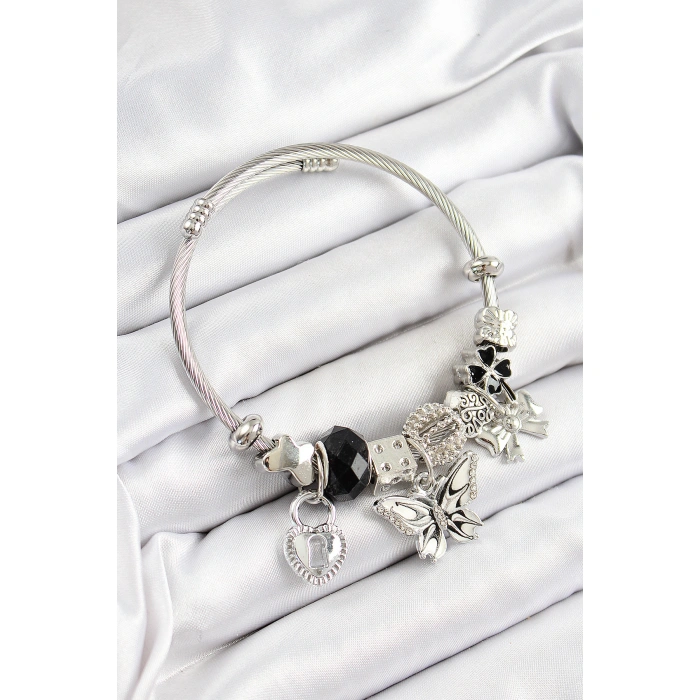 316L Çelik Siyah Zirkon Taşlı Kelebek Fiyonk Ve Kilit Model Gümüş Renk Charm Bileklik - Lisinya